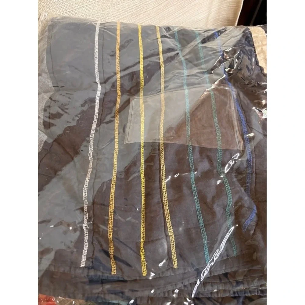 Pottery Barn Teen Queen Striped Comforter Navy Blue Grey Teal Embroidered PBteen